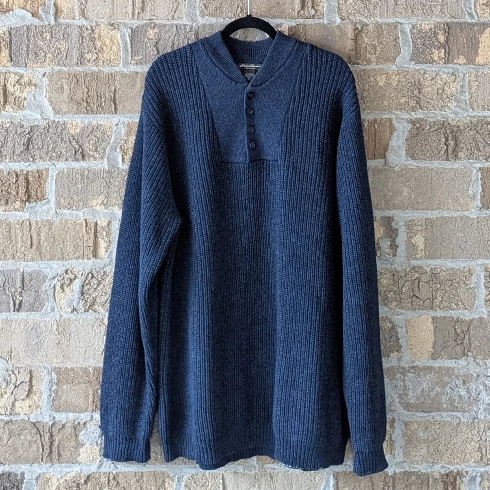 Vintage 90s Eddie Bauer Navy Blue Shaker Stitch Henley Sweater Size XL TALL - Picture 7 of 7